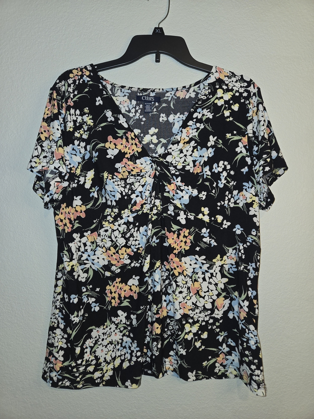 Chaps Black Multi-Color Floral Twist-Front V-Neck Top XXL Boho Chic Plus